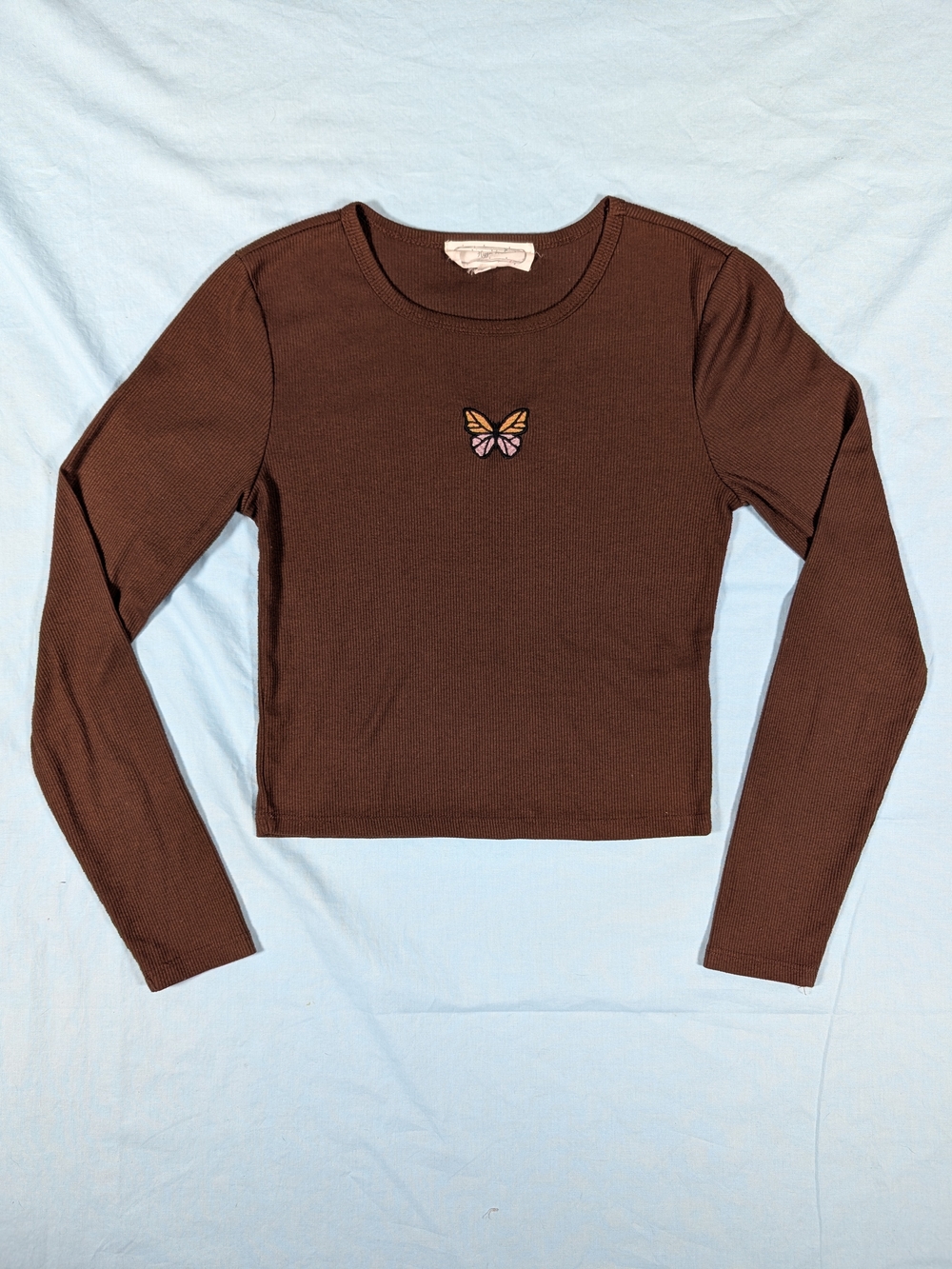Brown Long Sleeve Ribbed Crop Top with Butterfly Embroidery